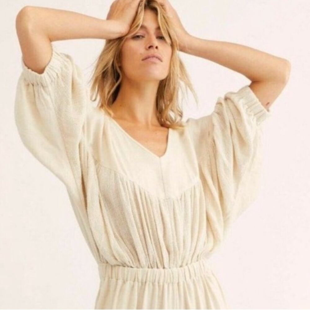 Free People Cream Linen Blend Boho Relaxed Fit Jumpsuit Size S Preppy Natural - Picture 5 of 16